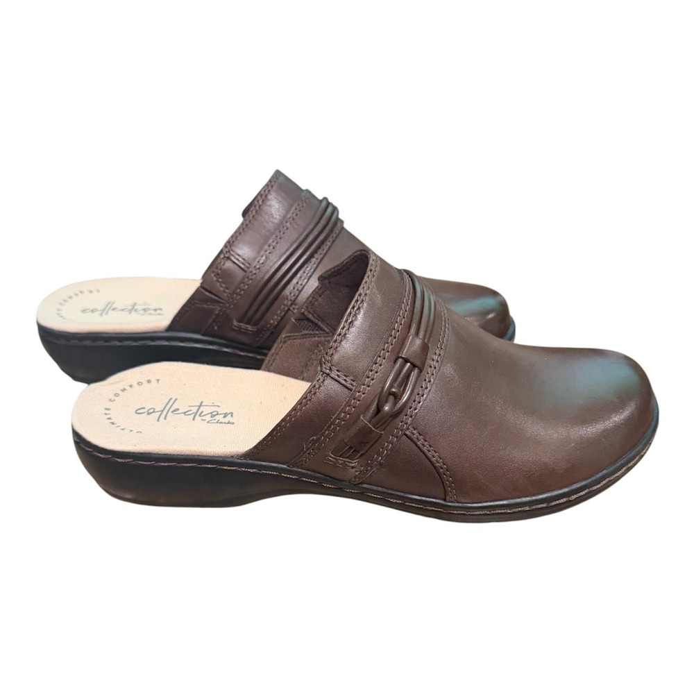 Clarks Leisa Clover Dark Brown Leather Mules Clogs Womens 6W
